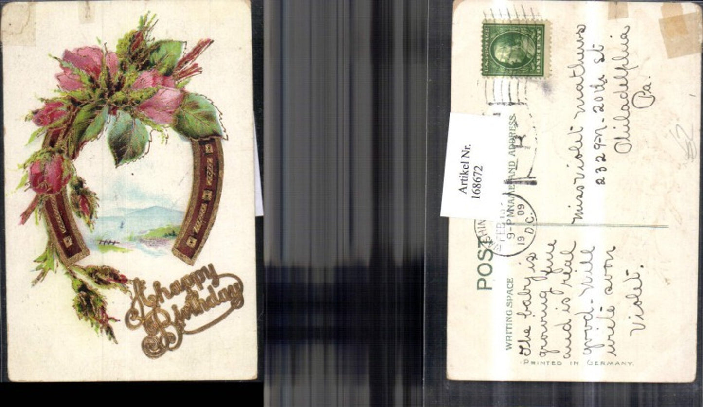 168672, Easter embossing postcard horseshoe floral decoration landscape
