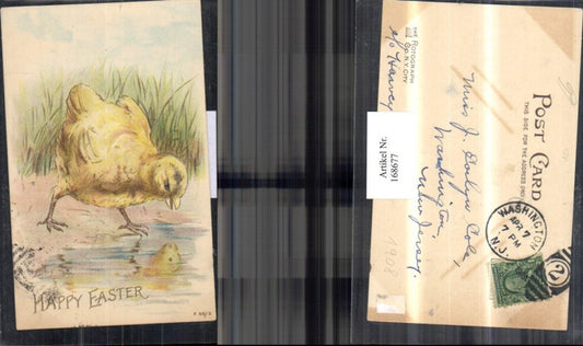 168677, Easter embossing AK chick reflected in water meadow
