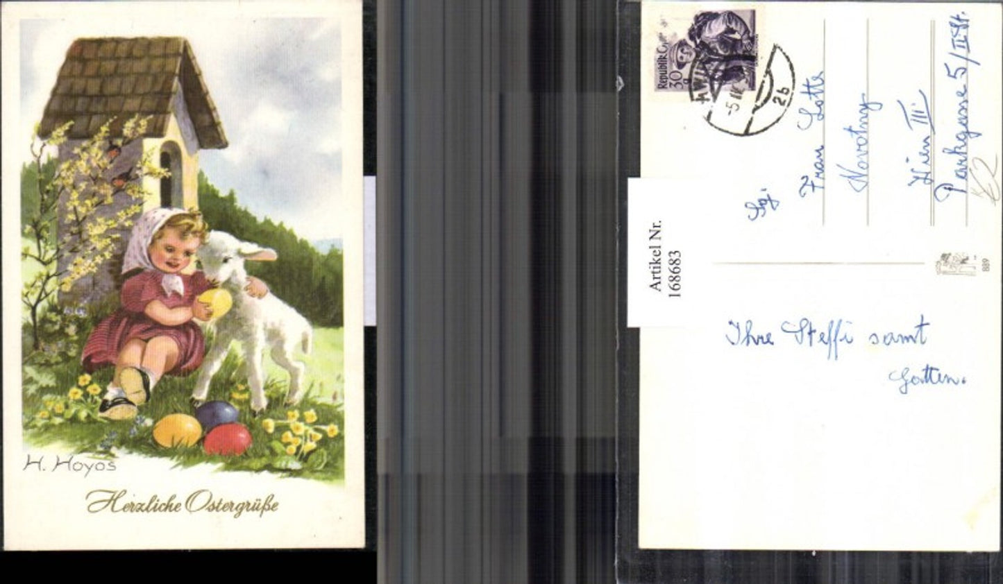 168683, Easter artist card H. Hoya's girl with sheep Easter eggs chapel flowers