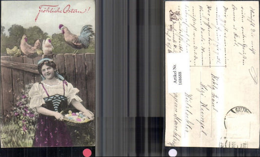 168688, Easter woman with dirndl basket Easter eggs rooster hen chick