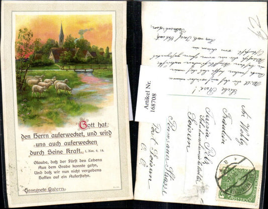 168708, Easter landscape church houses sheep bridge stream