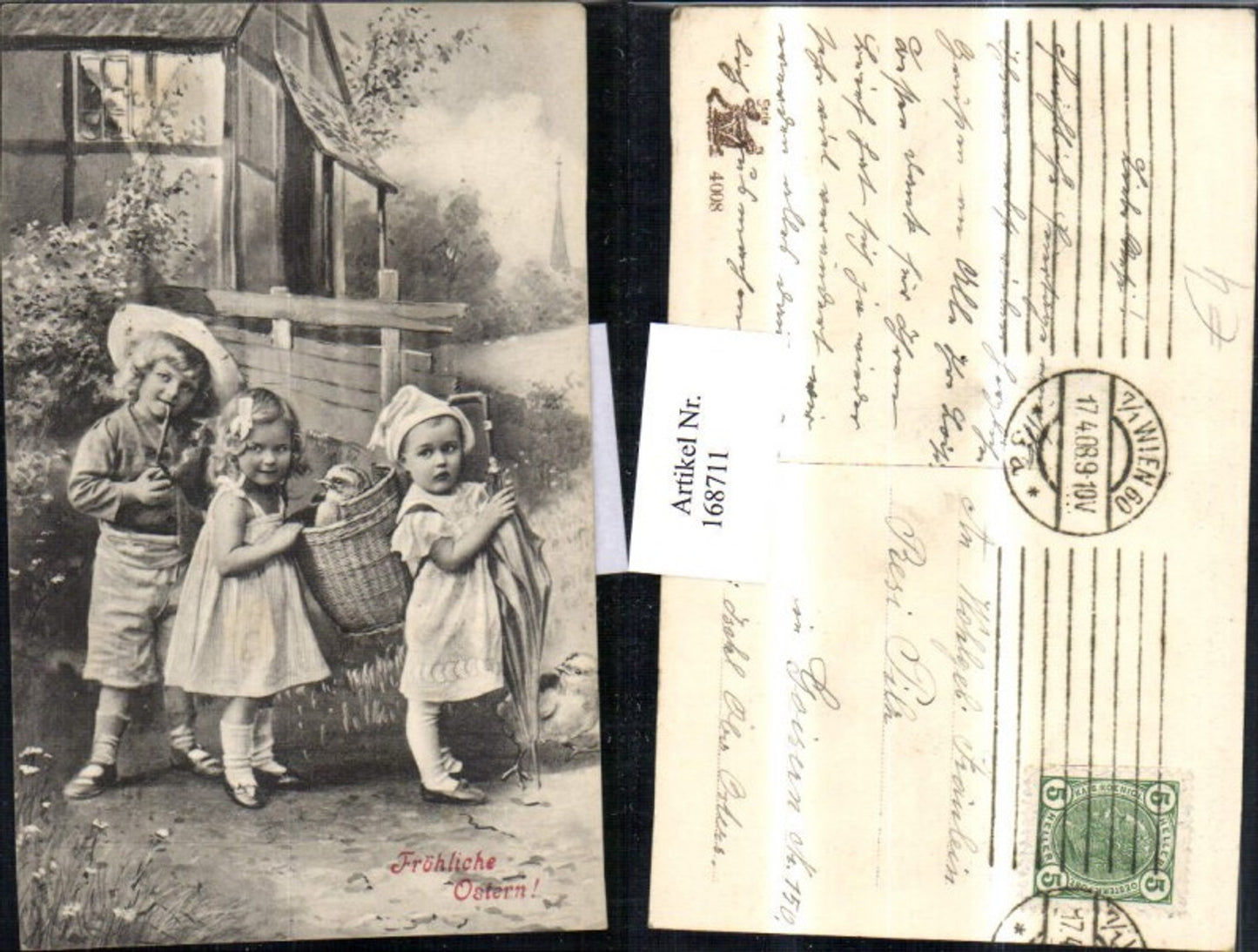 168711, Easter children with pipe, basket, umbrella, chicks, house