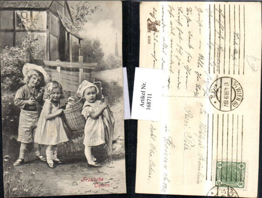 168711, Easter children with pipe, basket, umbrella, chicks, house