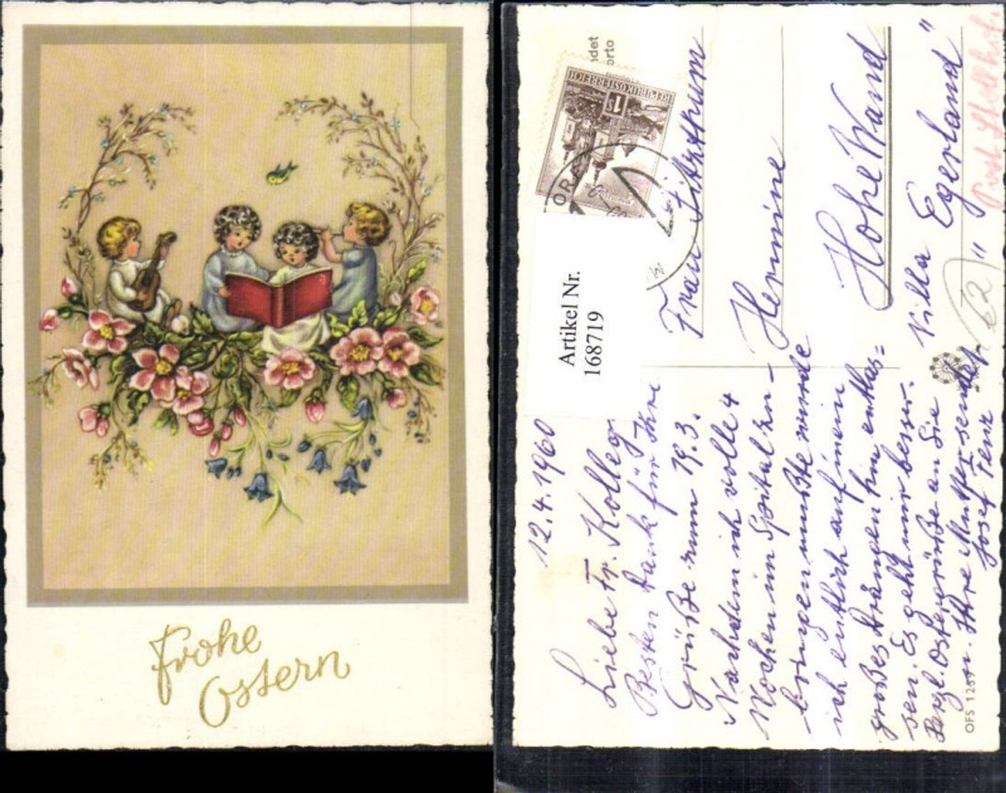168719, Easter children singing and playing music guitar flute flowers bird