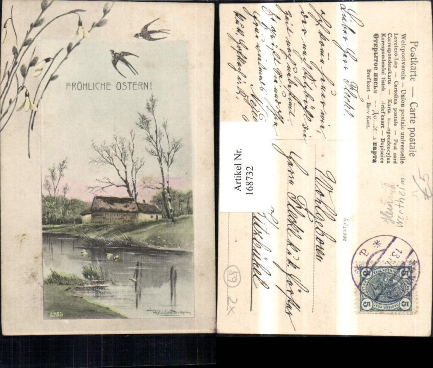168732, Easter artist postcard Heinrich Wertheim landscape house trees river snowdrops birds