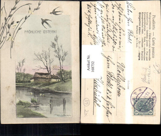 168732, Easter artist postcard Heinrich Wertheim landscape house trees river snowdrops birds