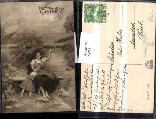 168735, Easter woman with child bench Easter eggs railway post Schruns Bludenz train 292