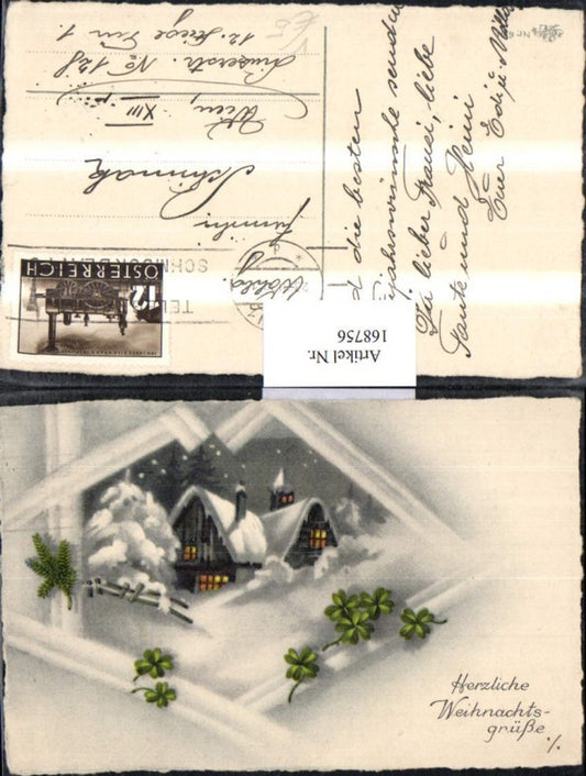 168756, Christmas snowscape house clover leaves fir branch pub Erika 6164