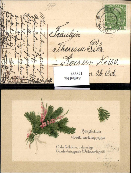 168777, Christmas embossed postcard, fir branches, flowers, ribbon