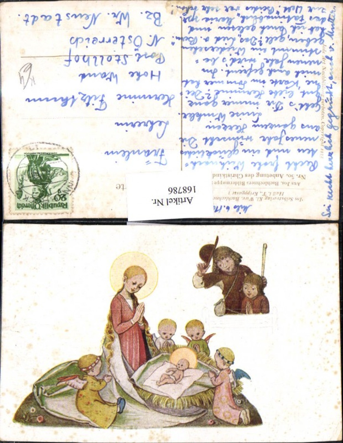 168786, Christmas artist card Jesus Nativity Angels praying Halo