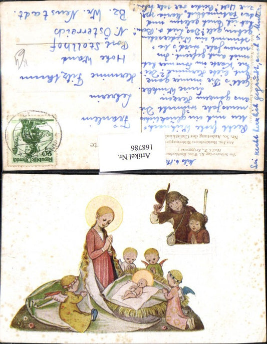 168786, Christmas artist card Jesus Nativity Angels praying Halo