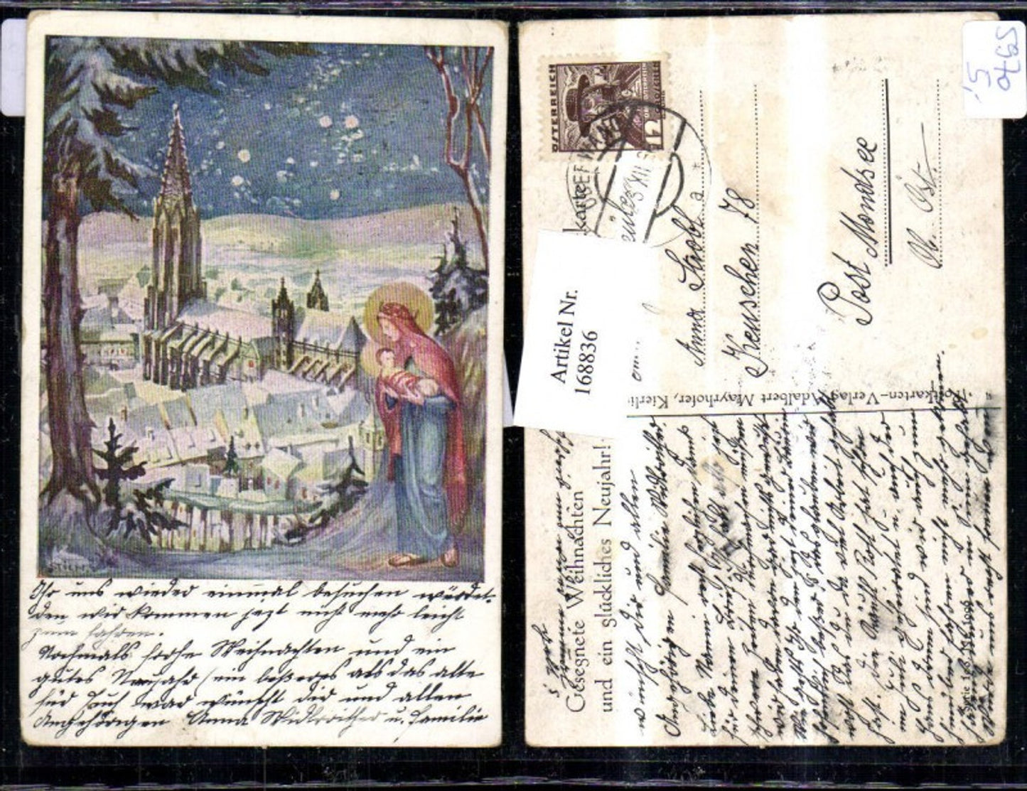 168836, Christmas artist's card lithograph Mary with Jesus snow landscape village church cathedral pub Mayrhofer Kierling