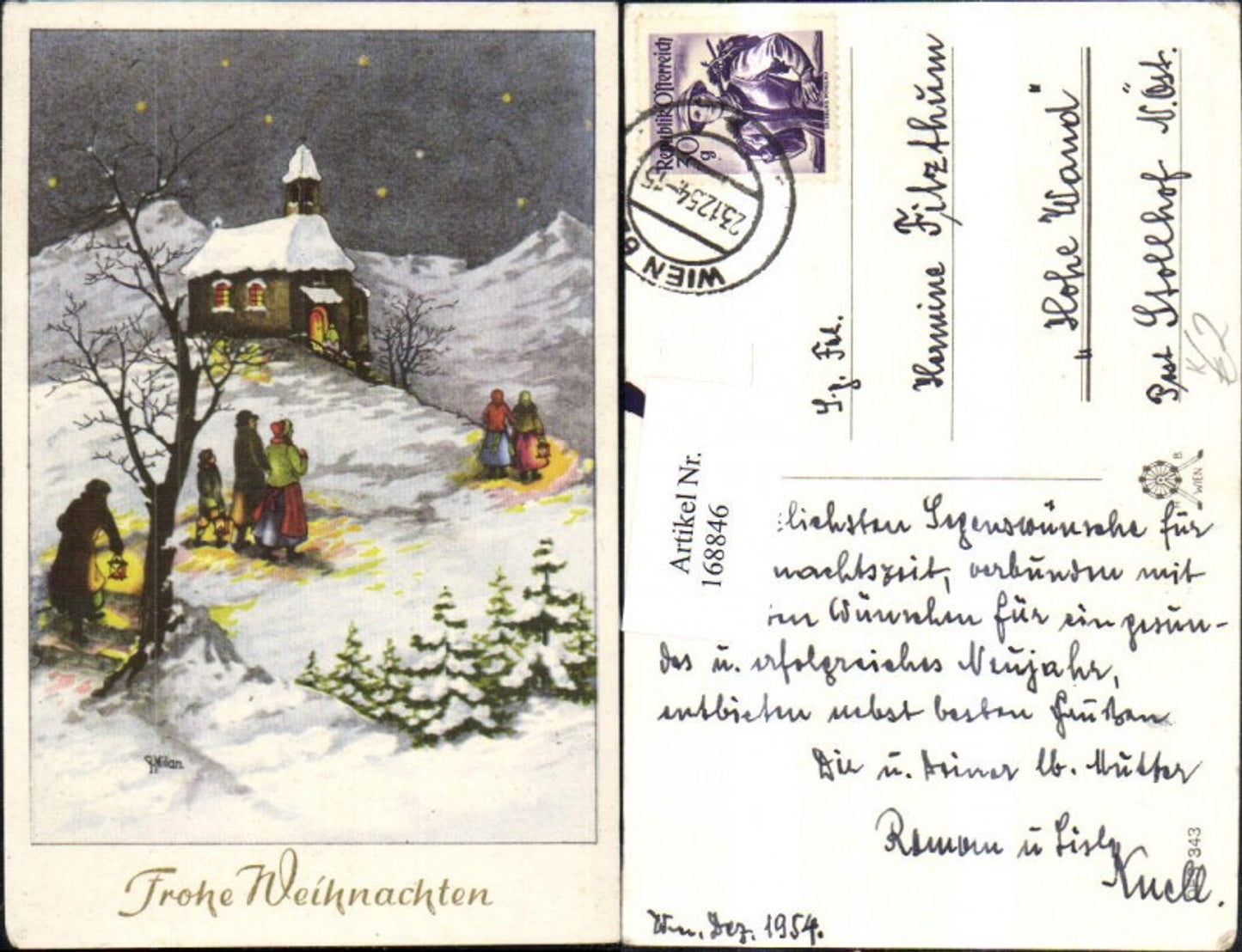 168846, Christmas artist card Milan snow landscape people church trees
