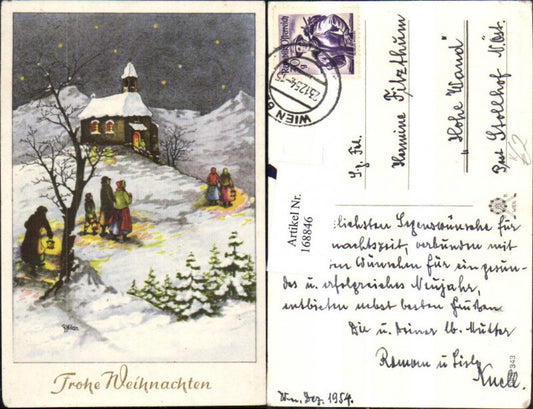 168846, Christmas artist card Milan snow landscape people church trees