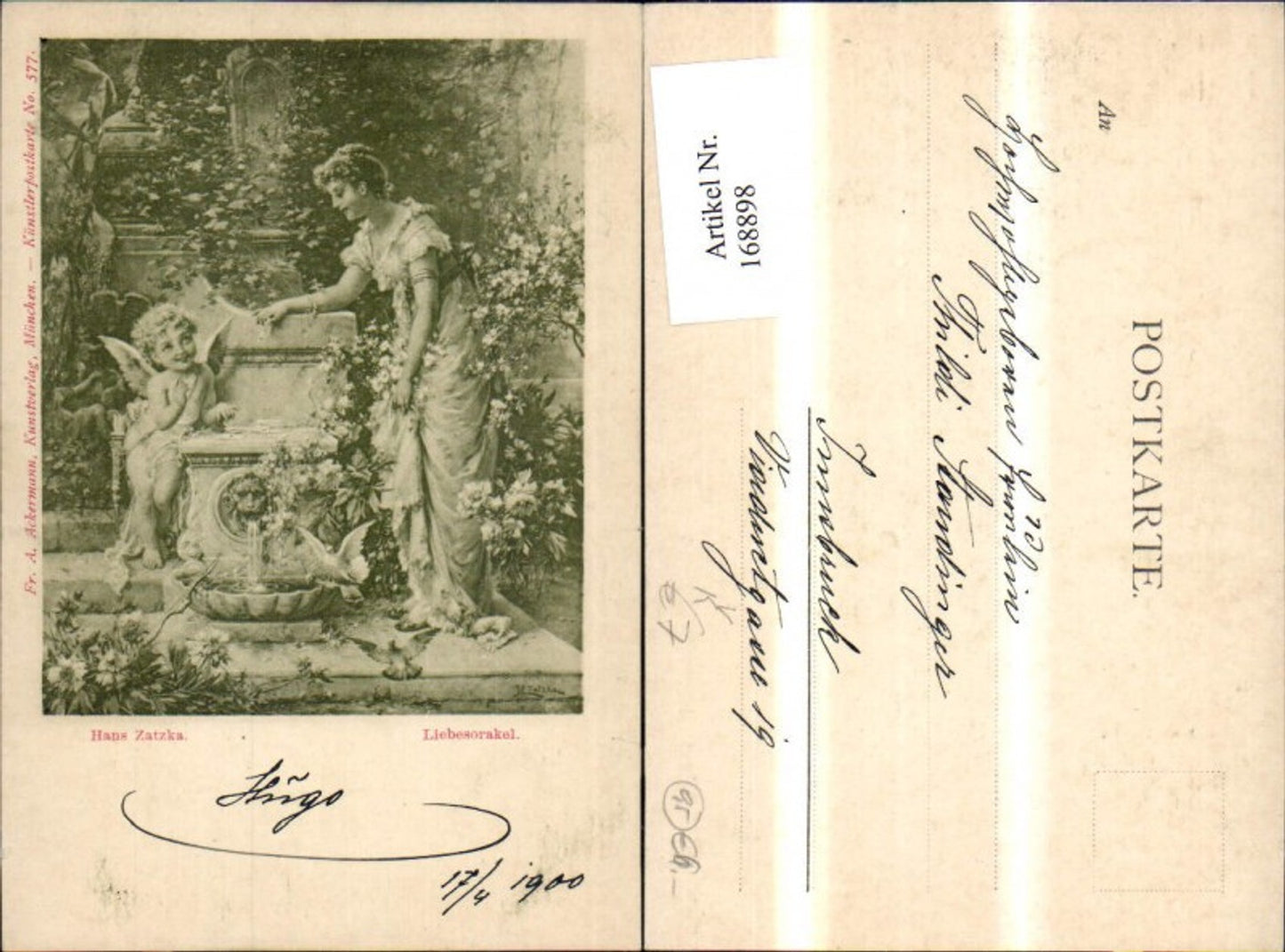 168898,Hans Zatzka Liebesorakel Frau Amor Engel b. Löwenbrunnen Taube pub Ackermann 577