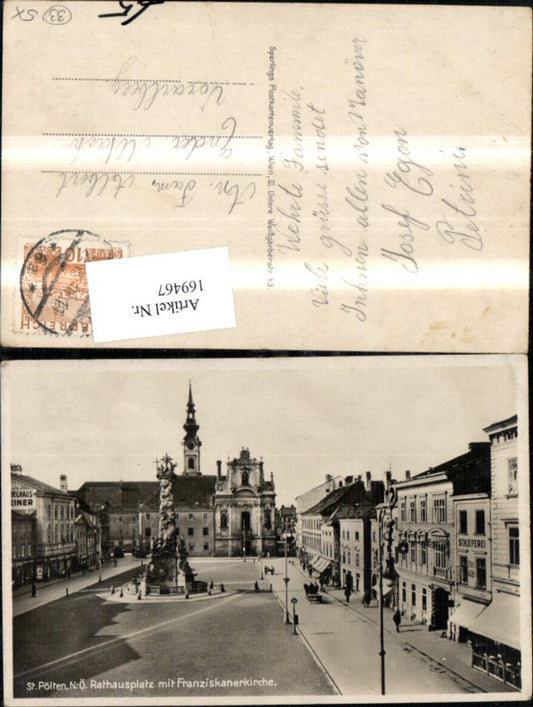 169467,St Pölten Rathaus Platz m. Franziskaner Kirche Säule Denkmal Kutsche 1930