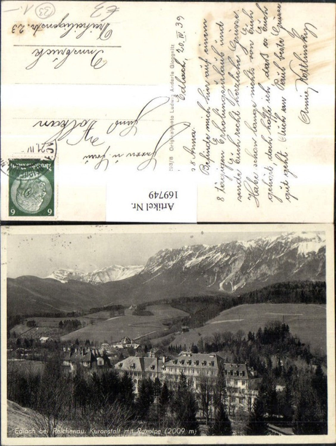 169749,Edlach b. Reichenau Kuranstalt m. Raxalpe Totale