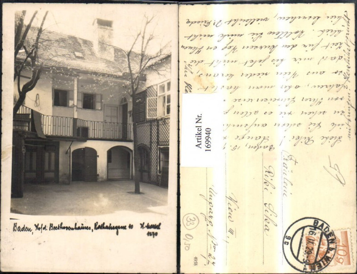 169940,Baden Hof d. Beethovenhauses Foto Ak 1929