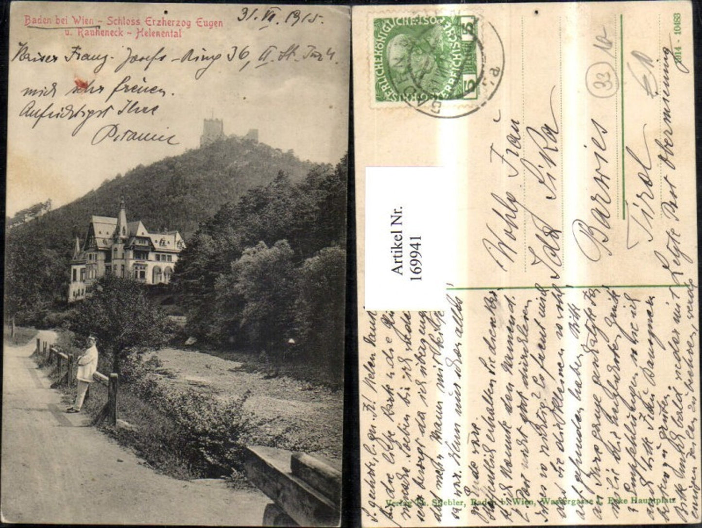 169941,Baden b. Wien Schloss Erzherzog Eugen u. Rauheneck Helenental Ansicht m. Mann 1915