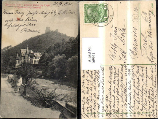 169941,Baden b. Wien Schloss Erzherzog Eugen u. Rauheneck Helenental Ansicht m. Mann 1915