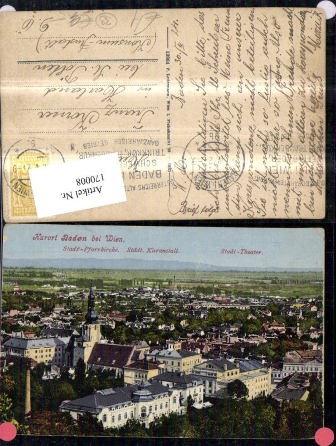 170008,Baden b. Wien Stadt Pfarrkirche Städt. Kuranstalt Stadttheater 1924