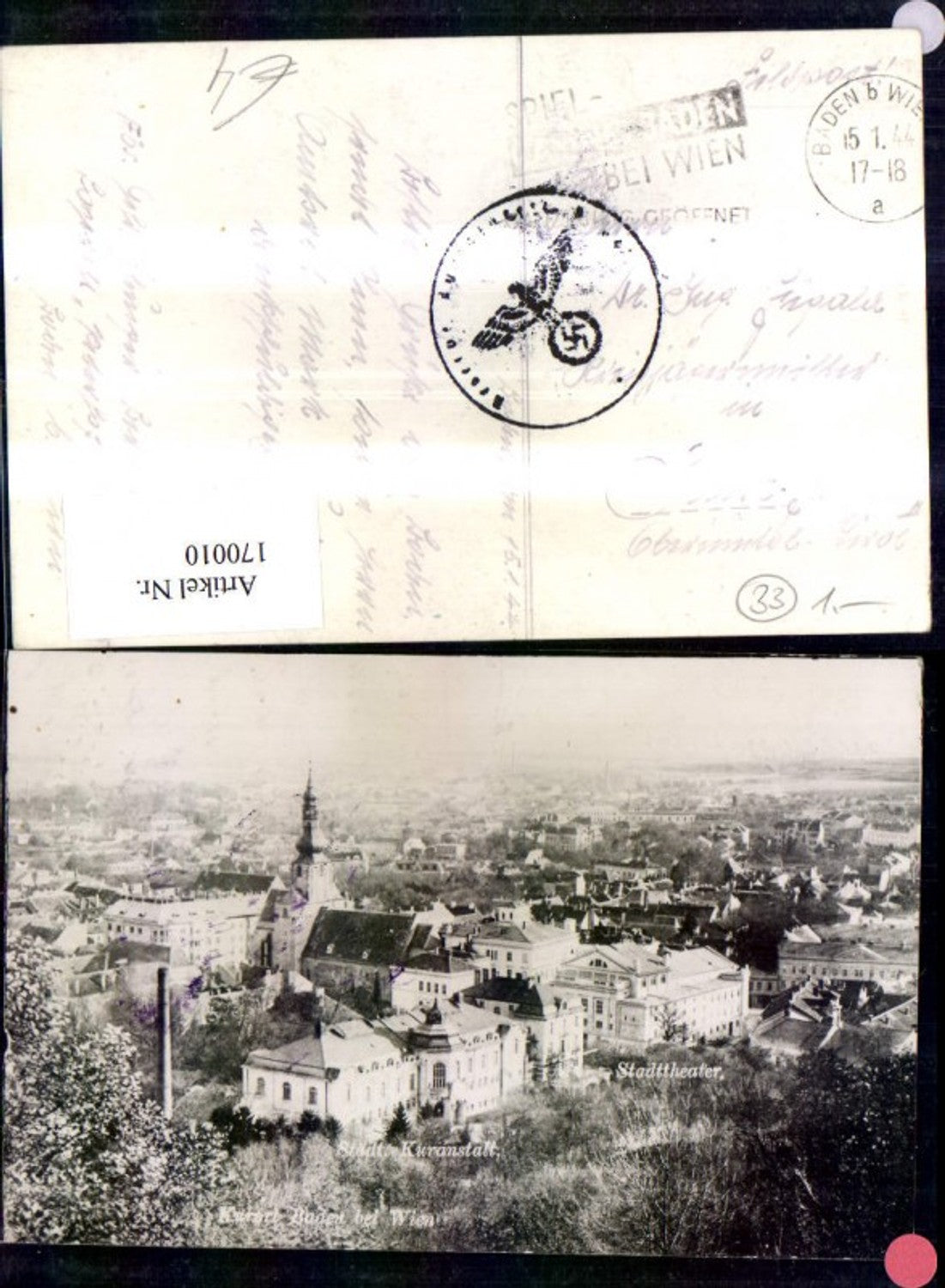 170010,Baden b. Wien Foto Ak m. Kuranstalt Stadttheater 1944
