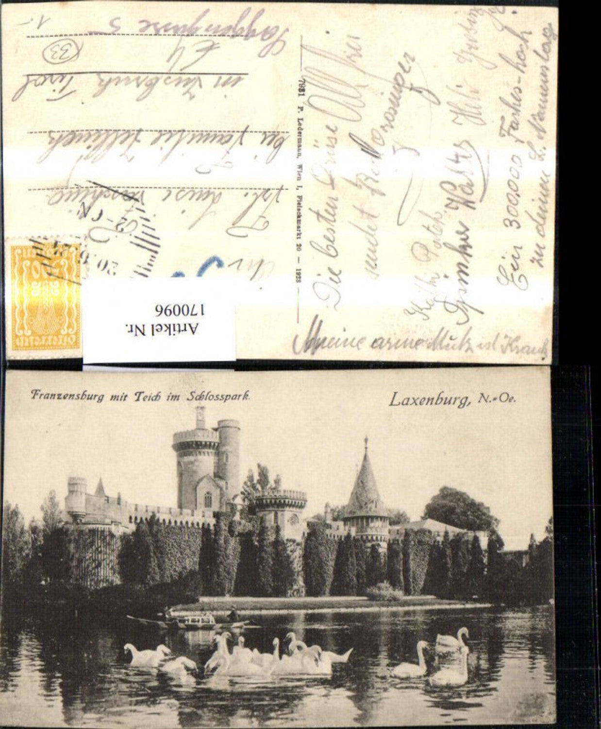 170096,Laxenburg Franzensburg m. Teich u. Schlosspark Schwäne Ruderboot Boot 1924