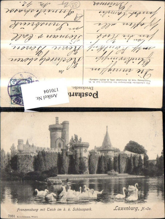 170104,Laxenburg Franzensburg m. Teich i. K k Schlosspark Schwäne Ruderboot Boot 1906