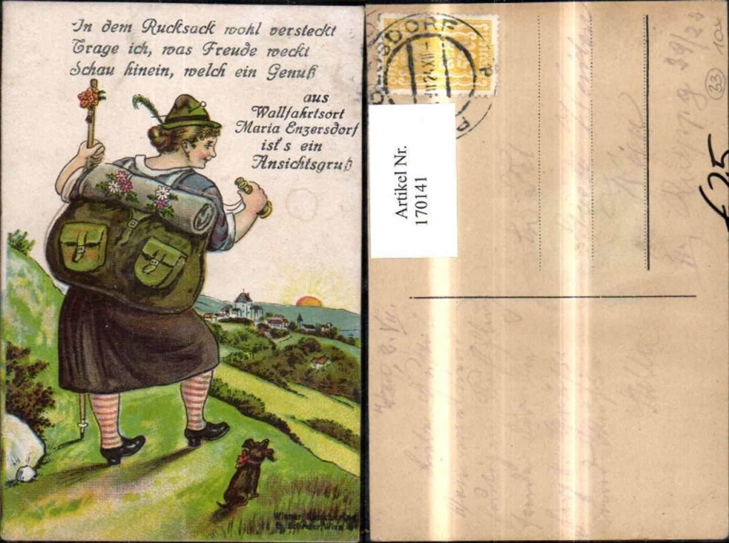 170141,Maria Enzersdorf Leporello Frau m. Rucksack Hund pub E. Schreter