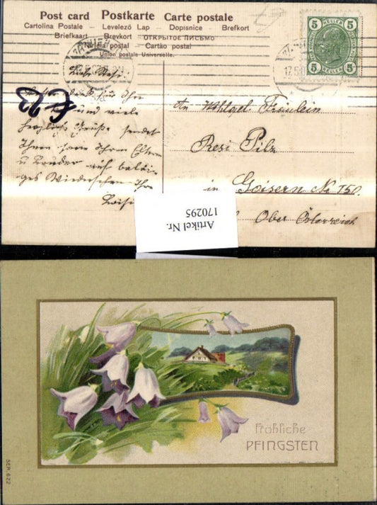 170295, Pentecost embossing postcard landscape house flowers