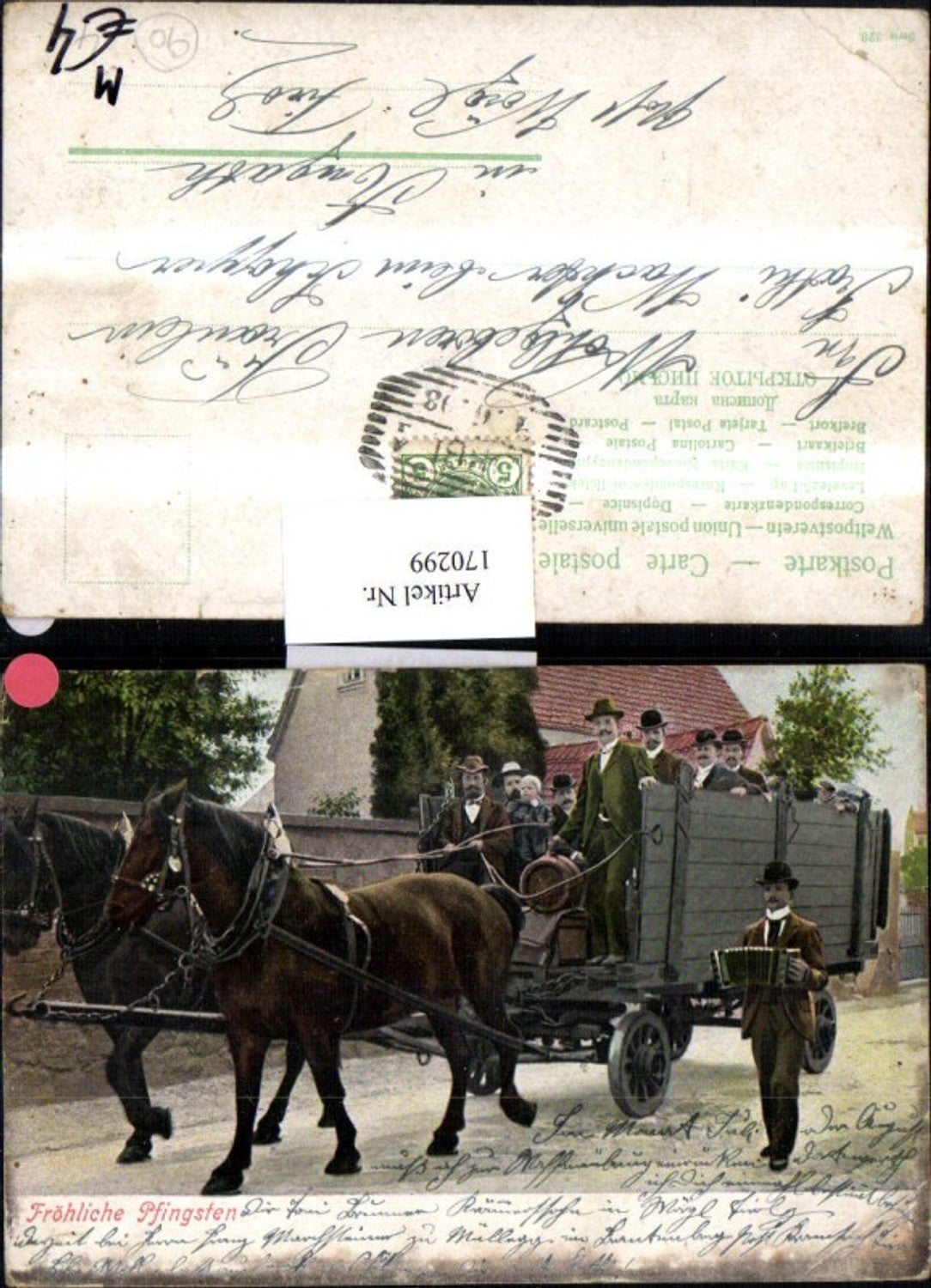 170299,Pfingsten Pferdekutsche Kutsche Männer m. Hut Ziehharmonika