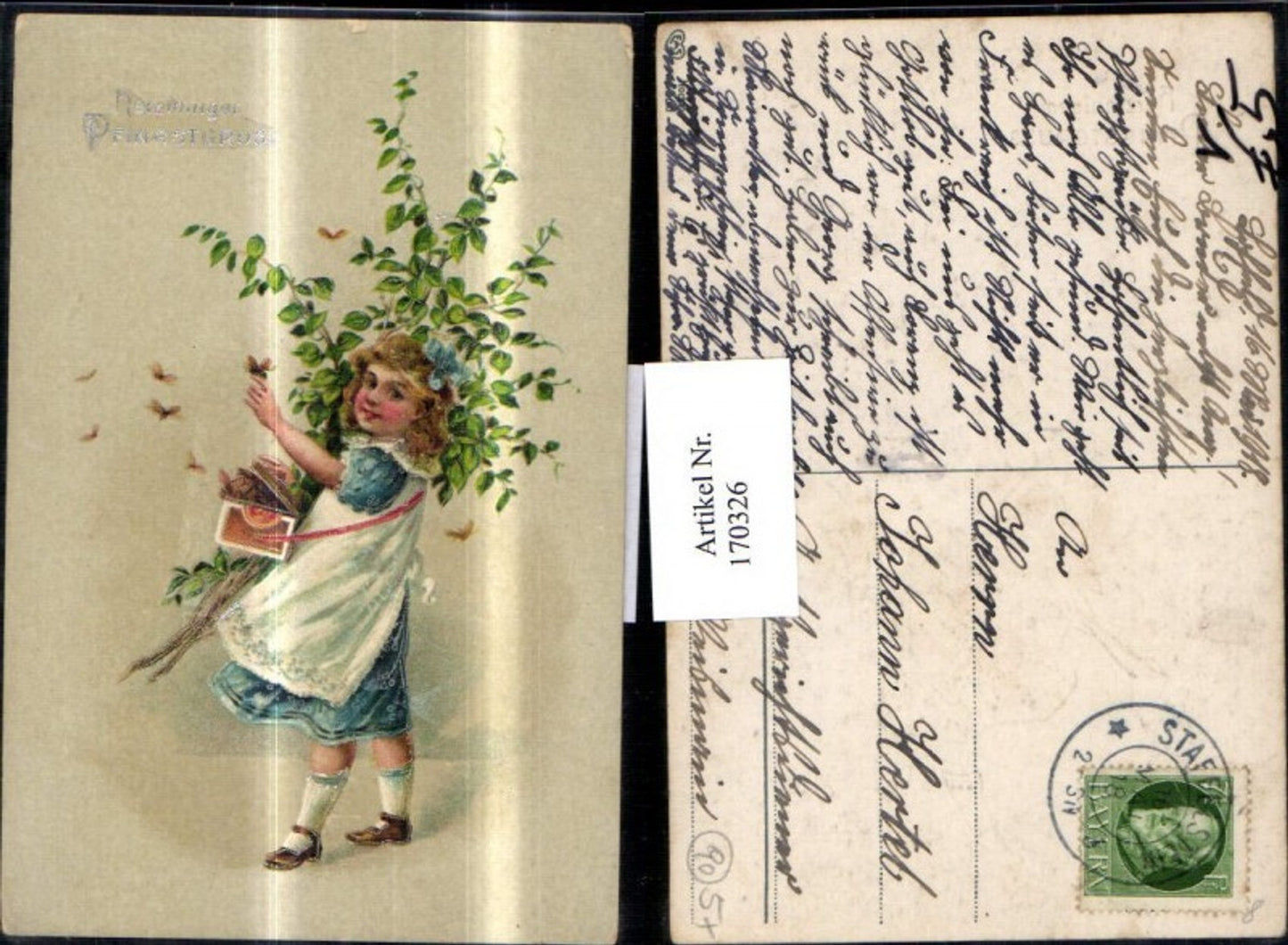 170326,Pfingsten Kind m. Kleid Masche Zweige Blätter Maikäfer pub EAS
