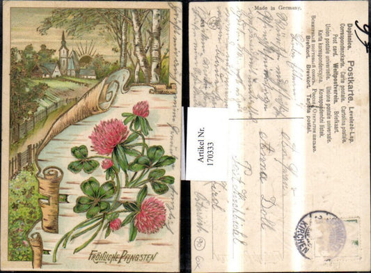 170333,Pfingsten Präge AK Dorf Kirche Bäume Klee Kleeblätter