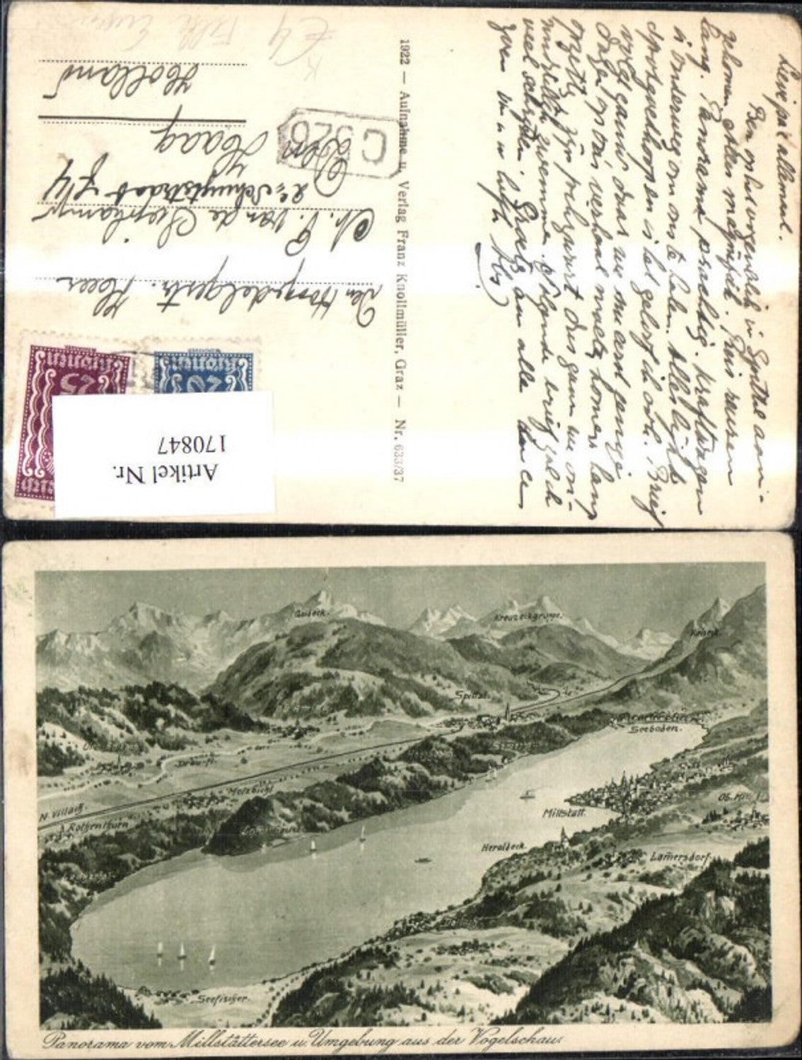 170847,Panorama v. Millstättersee u. Umgebung a. d. Vogelschau Lagekarte sign Felle Eugen