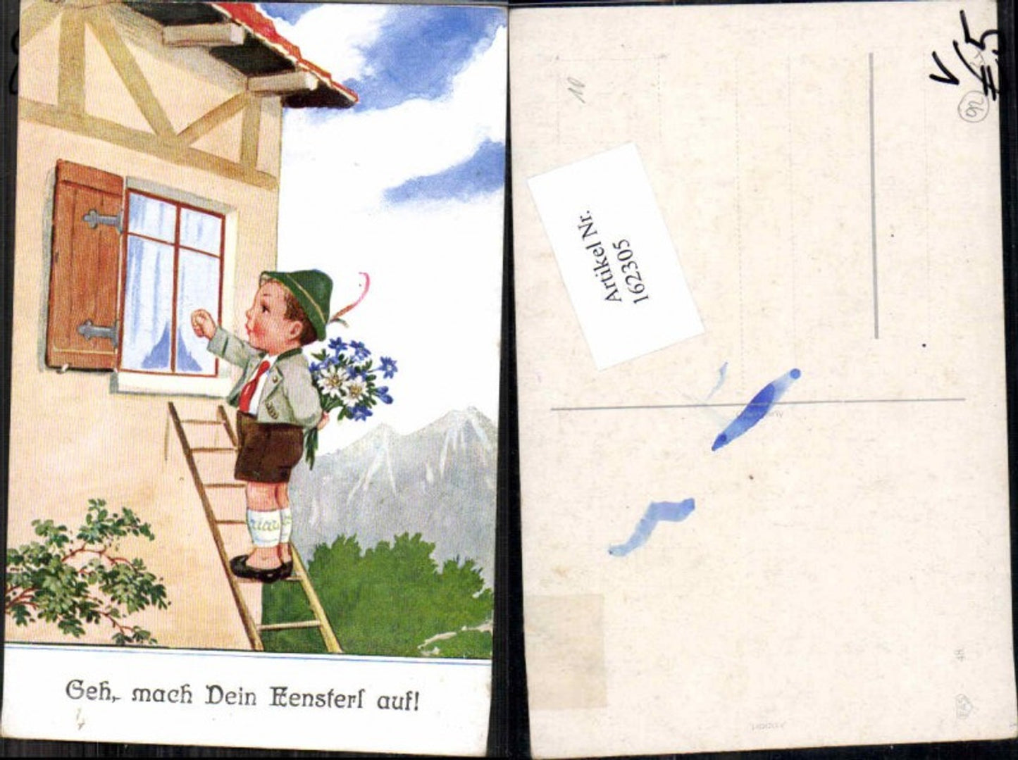 162305,Kinder Willi Scheuermann Junge beim fensterln Blumen EAS