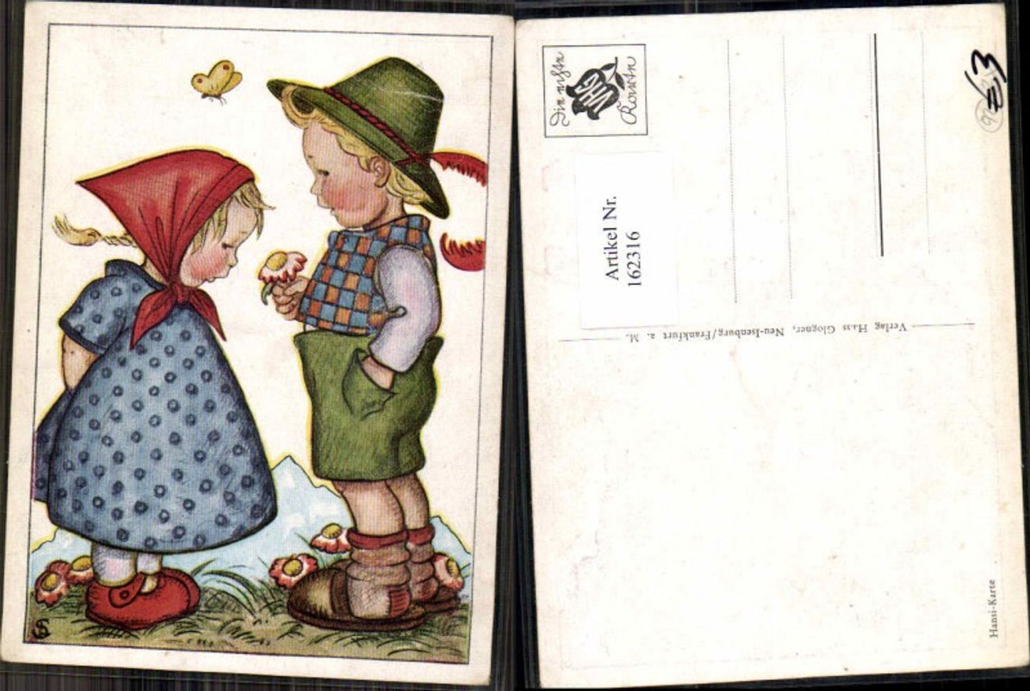 162316,Kinder Süsse AK Schmetterling Junge Hut Hansi Karte