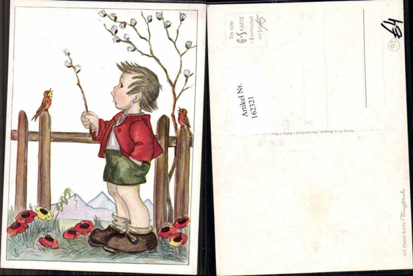 162321,Kinder Junge Palmkätzchen Vogel Hansi Karte 414