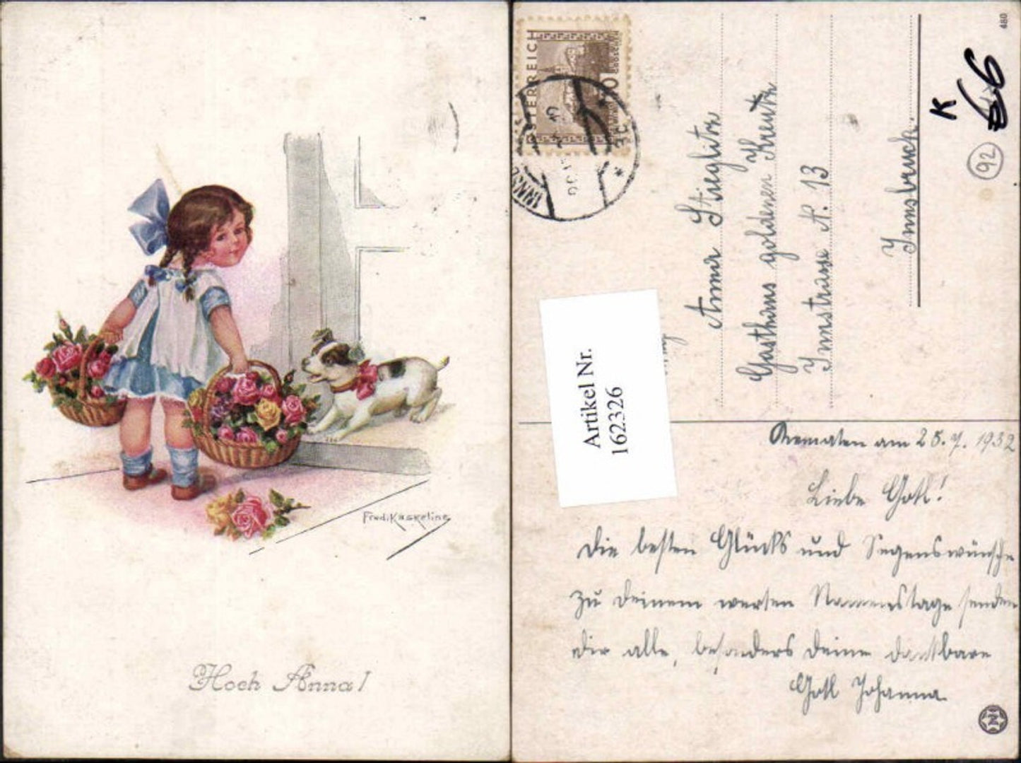 162326,Kinder Mädchen m. Blumen Rosen Dackel Hund Fred. Kaskeline