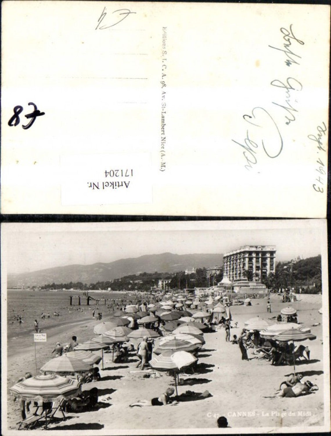 171204, Photo Ak Cannes La Plage du Midi beach bathers swimmers parasol 1943