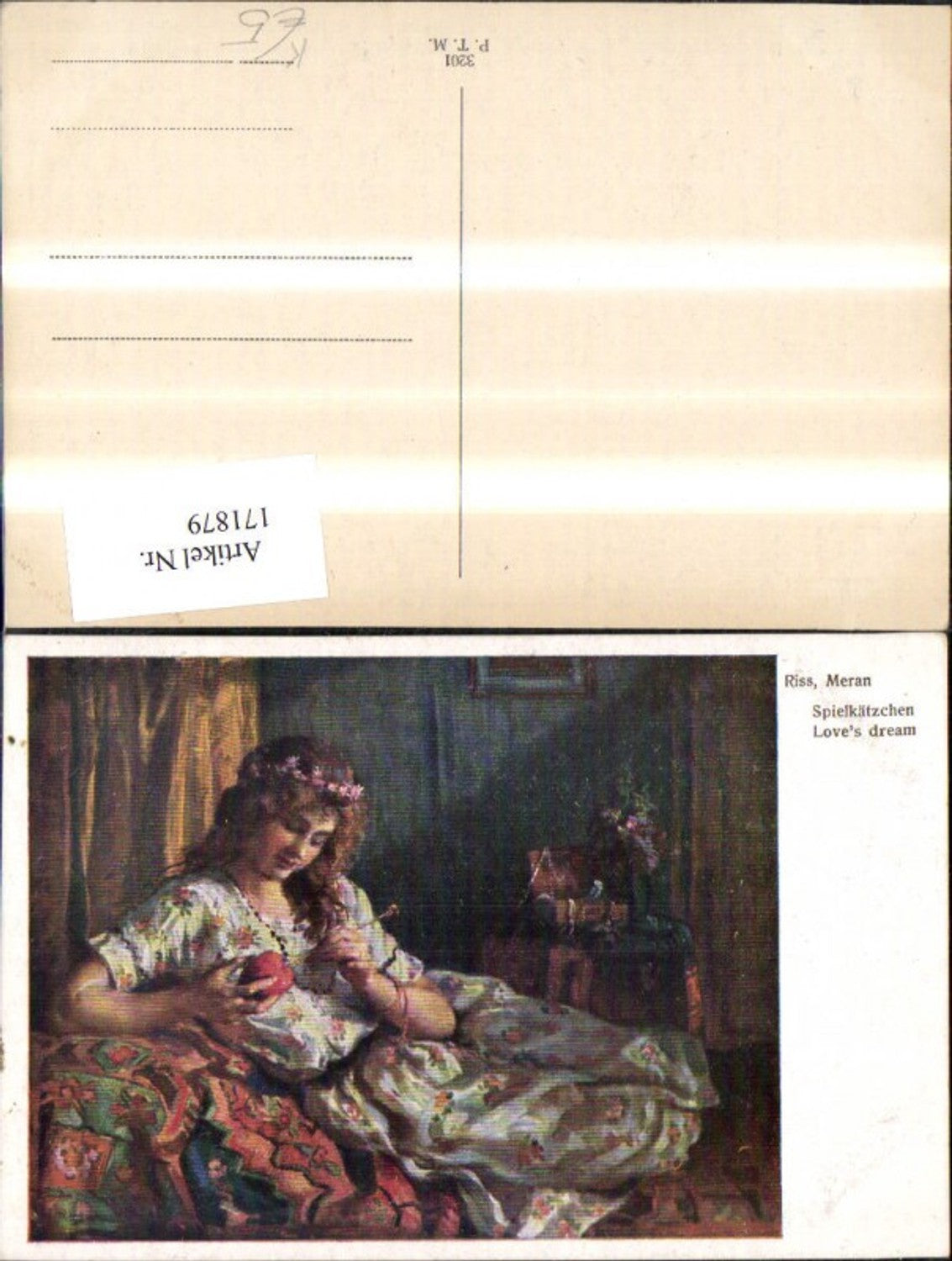 171879,Künstler Ak Spielkätzchen Frau m. Apfel sign Th. Riss Meran
