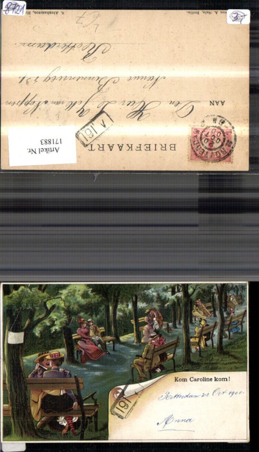171883,Künstler Ak Litho Kom Caroline kom Liebespaare a. Bank Wald