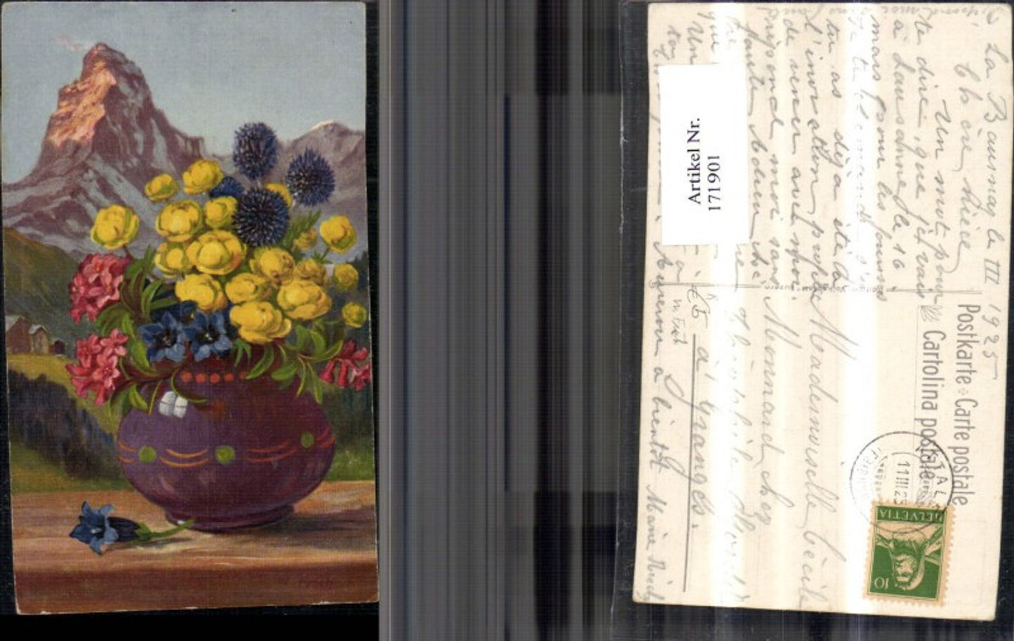 171901, Artist Ak Flower vase against mountain backdrop signed W. Früh