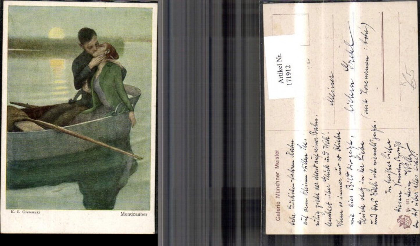 171912,Künstler Ak Mondzauber Küssendes Paar i. Ruderboot sign K. E. Olszewski