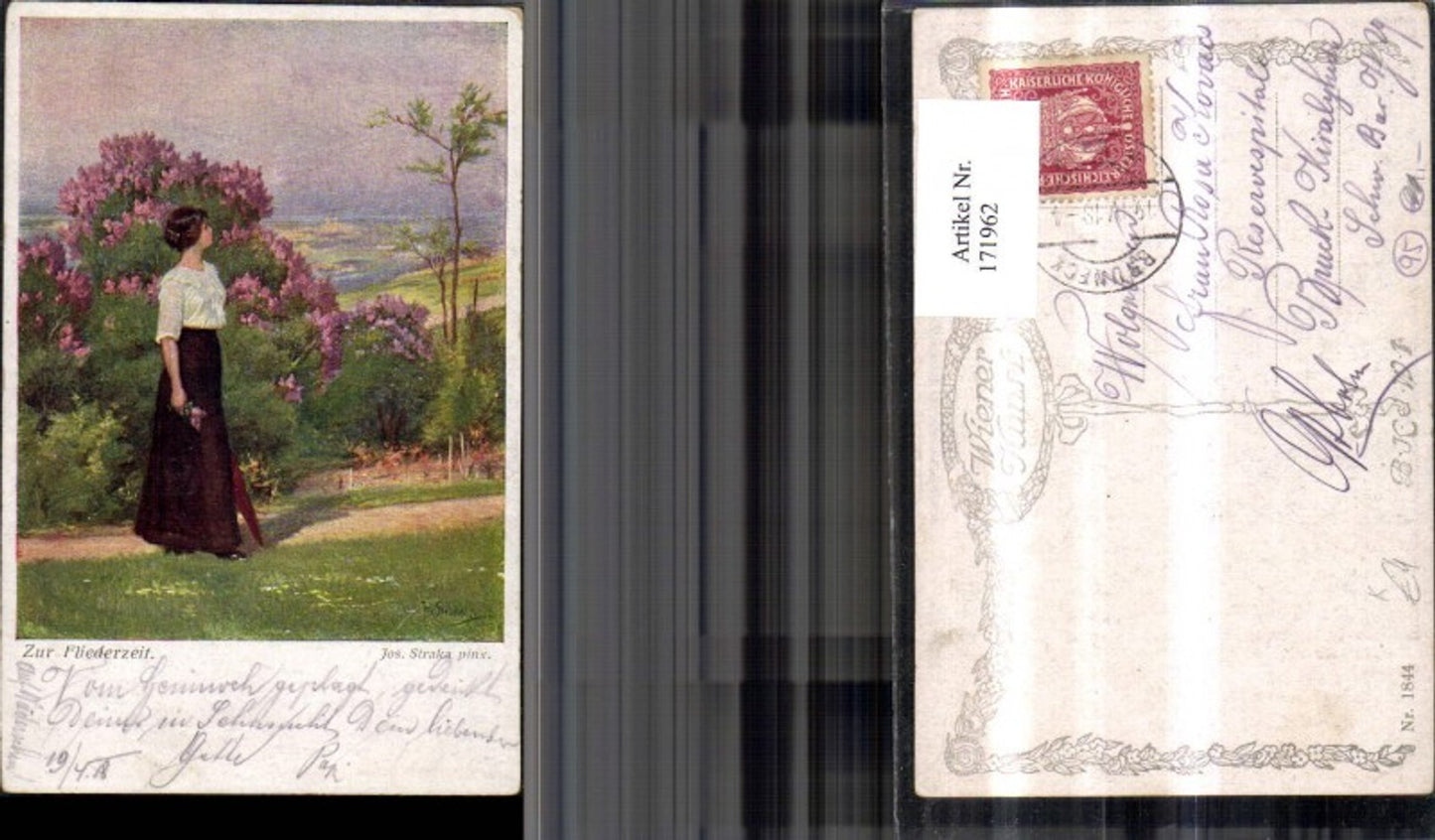 171962,Künstler Ak Zur Fliederzeit Frau Fliederstrauch sign Jos. Straka
