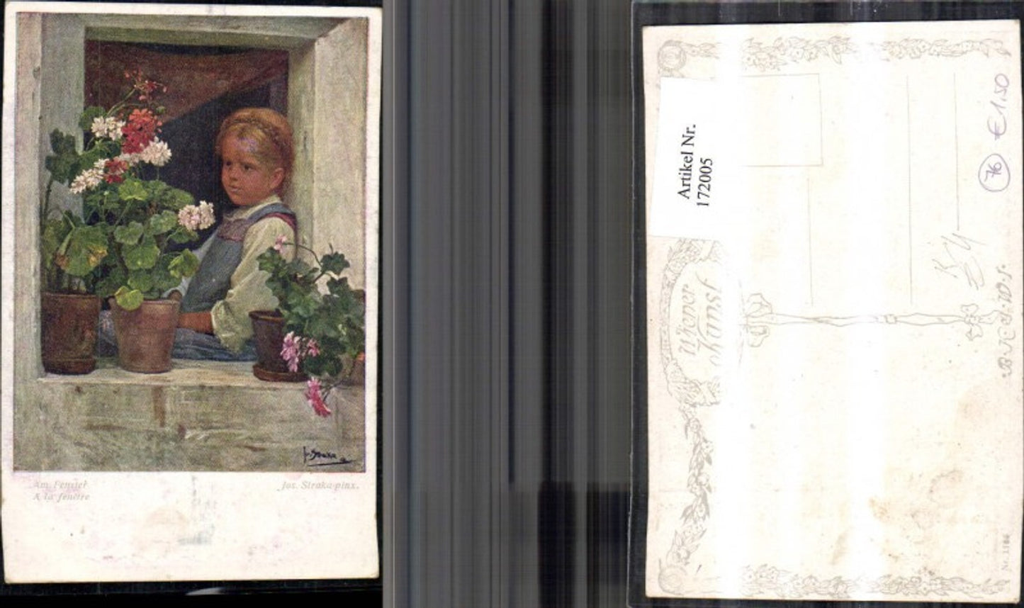 172005,Künstler Ak Jos. Straka pinx. Am Fenster Kind am Fenster Blumen