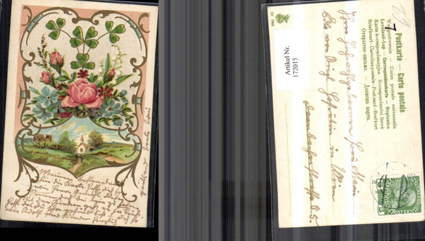 172015,Künstler Ak Litho Blumen Kleeblatt Landschaft