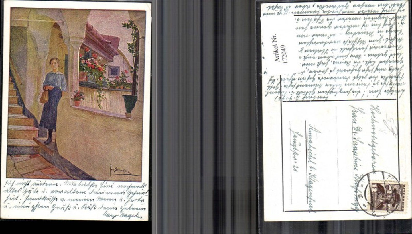 172049,Künstler Ak Josef Straka Frau Stiege