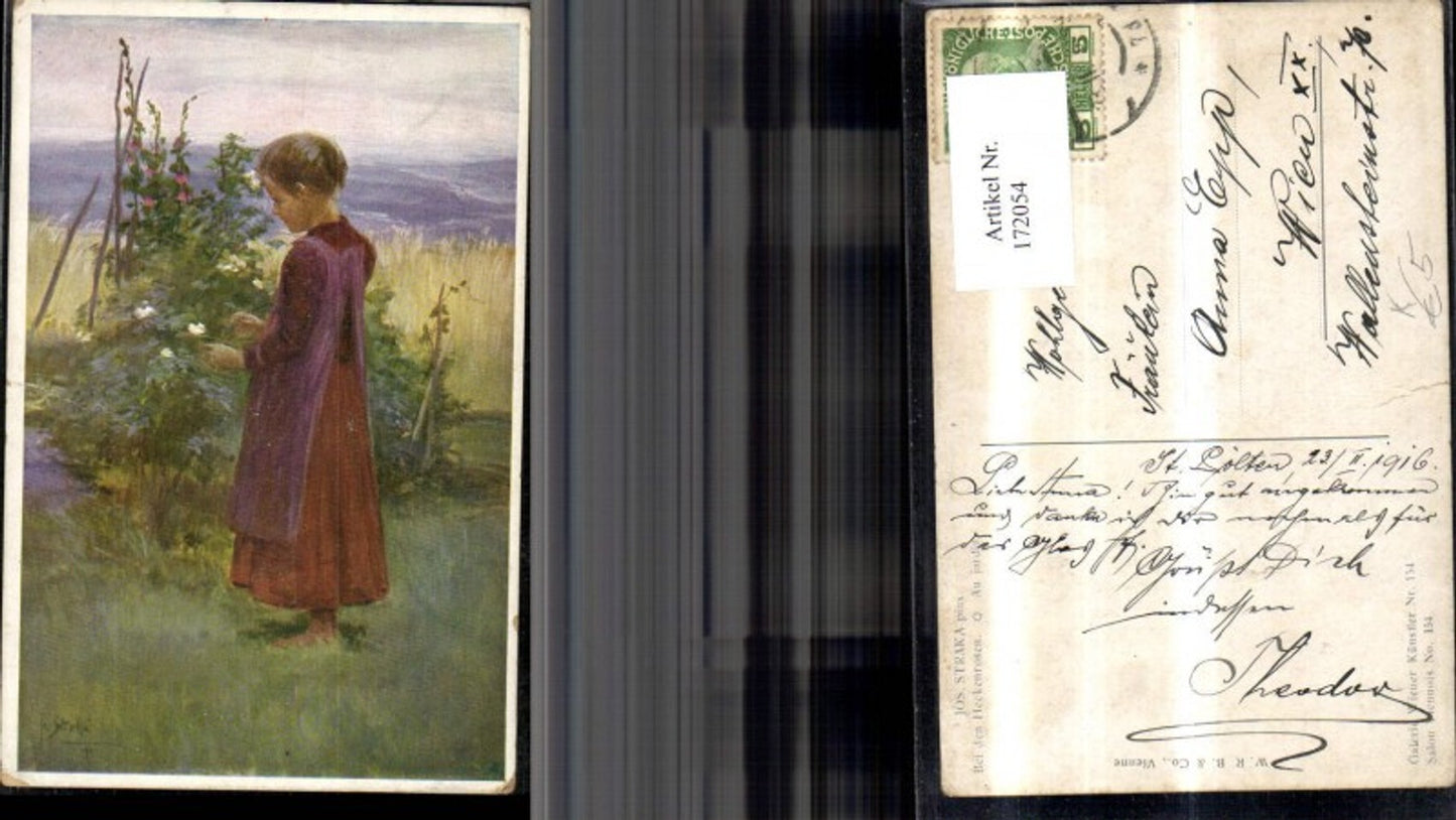 172054,Künstler Ak Josef Straka pinx. Kind mit Kleid Landschaft Blumen