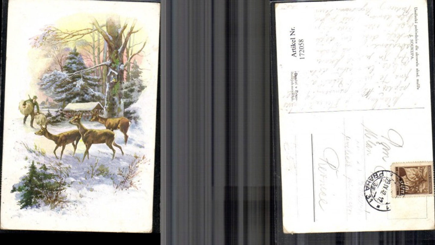 172058,Künstler Ak J. Soukupa Rehe Futtergrippe Mann Winter