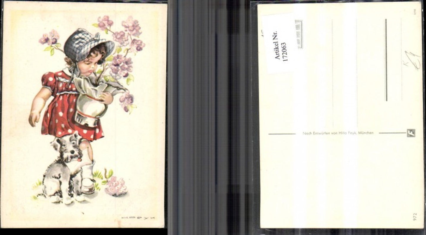172063, Artist Ak Hilla Peyk Girl with bonnet and dress with flowers in hand Dog with letter